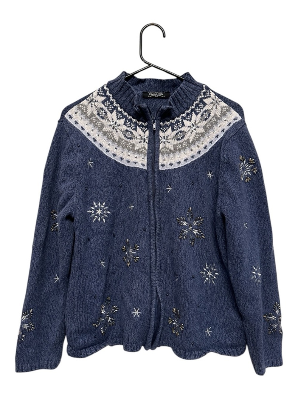 Vintage Y2K Era Crystal Kobe Blue Snowflake Beaded Zip-Up Cardigan Size Medium